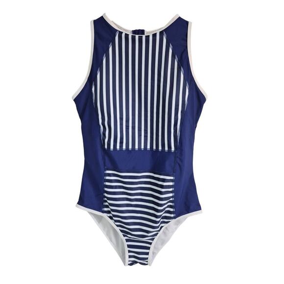 1PC Blue/White Bathing Suit w/ Stripes Zipper Down Back High Neckline Womens M/L - Picture 1 of 4